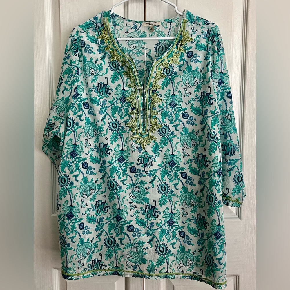 ANNE CARSON WOMENS TUNIC, AQUA, BLUE & WHITE, SIZE 2X